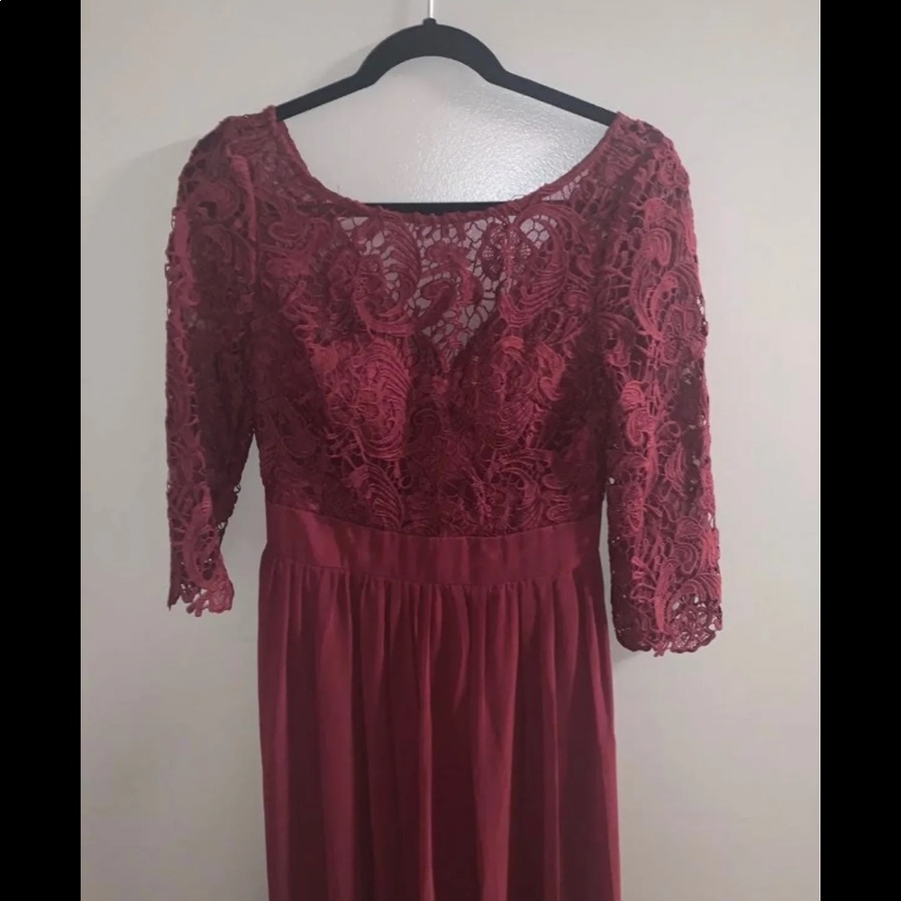 Formal dress, burgundy/wine color.